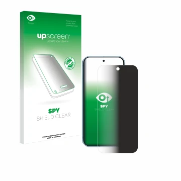 Face avant d’un emballage produit avec le logo de la marque upscreen. À côté, l’appareil Google Pixel 9 est représenté avec la