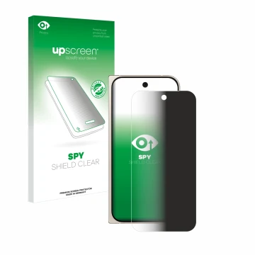 Face avant d’un emballage produit avec le logo de la marque upscreen. À côté, l’appareil Google Pixel 9 Pro Fold est représent