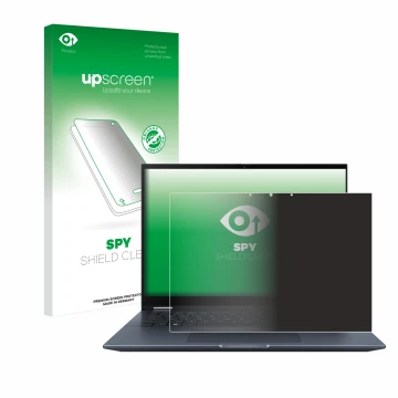 Face avant d’un emballage produit avec le logo de la marque upscreen. À côté, l’appareil ASUS Vivobook S 14 Flip TN3402 est re