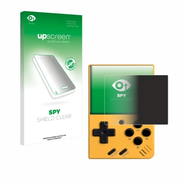 Face avant d’un emballage produit avec le logo de la marque upscreen. À côté, l’appareil Miyoo Mini V4 est représenté avec la 