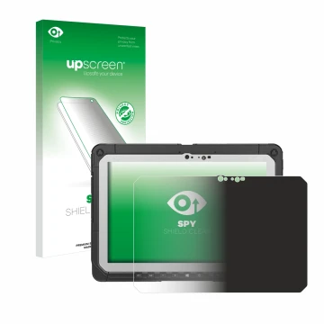 Face avant d’un emballage produit avec le logo de la marque upscreen. À côté, l’appareil Panasonic Toughbook CF-20 MK2 est rep