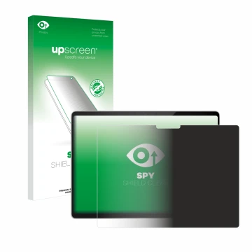 Face avant d’un emballage produit avec le logo de la marque upscreen. À côté, l’appareil Microsoft Surface Pro 11 est représen