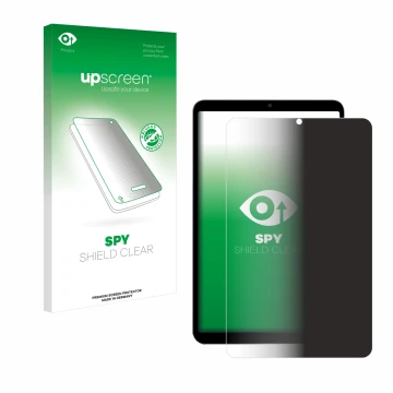 Face avant d’un emballage produit avec le logo de la marque upscreen. À côté, l’appareil Alldocube iPlay 60 mini Turbo est rep