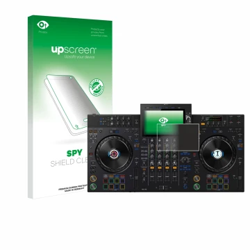 Face avant d’un emballage produit avec le logo de la marque upscreen. À côté, l’appareil AlphaTheta XDJ-AZ est représenté avec