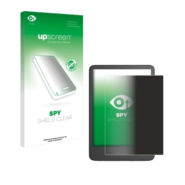 Face avant d’un emballage produit avec le logo de la marque upscreen. À côté, l’appareil Amazon Kindle 2024 est représenté ave