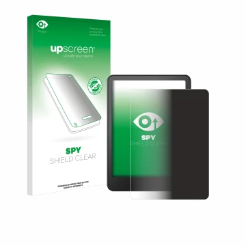 Face avant d’un emballage produit avec le logo de la marque upscreen. À côté, l’appareil Amazon Kindle Colorsoft Signature Edi