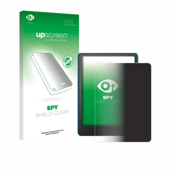 Face avant d’un emballage produit avec le logo de la marque upscreen. À côté, l’appareil Amazon Kindle Paperwhite Kids 2024 es