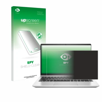 Face avant d’un emballage produit avec le logo de la marque upscreen. À côté, l’appareil HP ProBook 445 G9 est représenté avec
