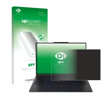 Face avant d’un emballage produit avec le logo de la marque upscreen. À côté, l’appareil Lenovo ThinkPad X1 Carbon Gen 13 14