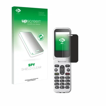 Face avant d’un emballage produit avec le logo de la marque upscreen. À côté, l’appareil Doro 2820 est représenté avec la prot