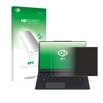 Face avant d’un emballage produit avec le logo de la marque upscreen. À côté, l’appareil Tuxedo InfinityBook Pro 15 Gen 9 est 