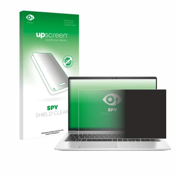 Face avant d’un emballage produit avec le logo de la marque upscreen. À côté, l’appareil HP EliteBook 650 G10 est représenté a