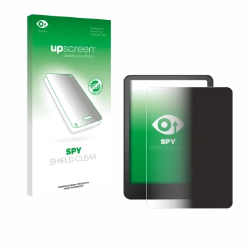 Face avant d’un emballage produit avec le logo de la marque upscreen. À côté, l’appareil Amazon Kindle Paperwhite 2024 Signatu