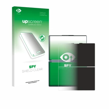 Face avant d’un emballage produit avec le logo de la marque upscreen. À côté, l’appareil Lenovo Yoga Book 9i Gen 10 est représ