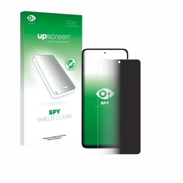 Face avant d’un emballage produit avec le logo de la marque upscreen. À côté, l’appareil Xiaomi Redmi Note 14 4G est représent