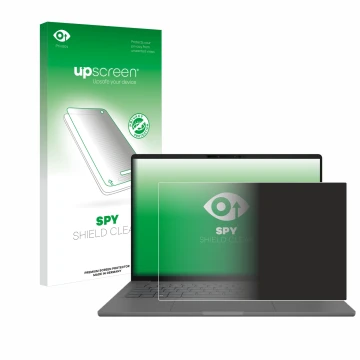 Face avant d’un emballage produit avec le logo de la marque upscreen. À côté, l’appareil ASUS ZenBook A14 UX3407 est représent