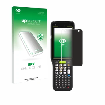 Face avant d’un emballage produit avec le logo de la marque upscreen. À côté, l’appareil Zebra MC3400 est représenté avec la p