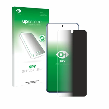 Face avant d’un emballage produit avec le logo de la marque upscreen. À côté, l’appareil Vivo V50 est représenté avec la prote