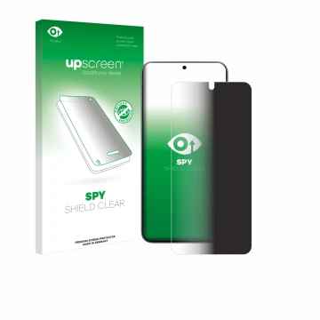 Face avant d’un emballage produit avec le logo de la marque upscreen. À côté, l’appareil Samsung Galaxy S25 Enterprise Edition