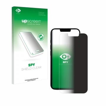 Face avant d’un emballage produit avec le logo de la marque upscreen. À côté, l’appareil Apple iPhone 16e est représenté avec 