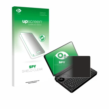 Face avant d’un emballage produit avec le logo de la marque upscreen. À côté, l’appareil GPD Win Mini (2025) est représenté av