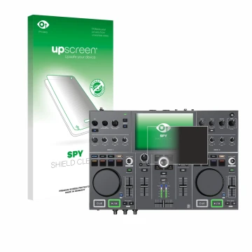 Face avant d’un emballage produit avec le logo de la marque upscreen. À côté, l’appareil Denon DJ Prime Go+ est représenté ave
