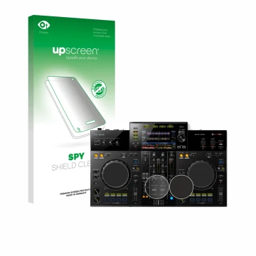 Face avant d’un emballage produit avec le logo de la marque upscreen. À côté, l’appareil Pioneer XDJ -RR (Jog) est représenté 