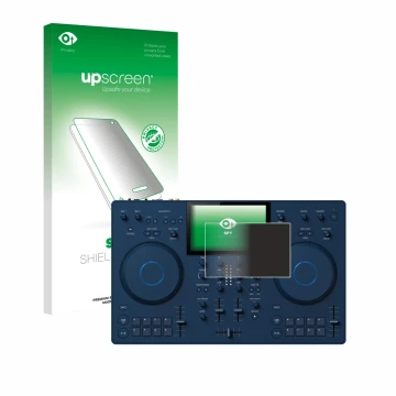 Face avant d’un emballage produit avec le logo de la marque upscreen. À côté, l’appareil AlphaTheta OMNIS-Duo (Jog) est représ