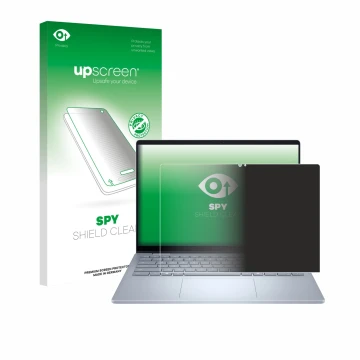Face avant d’un emballage produit avec le logo de la marque upscreen. À côté, l’appareil Dell 14 Plus 2-in-1 est représenté av