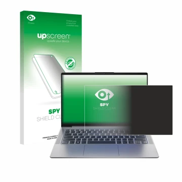 Face avant d’un emballage produit avec le logo de la marque upscreen. À côté, l’appareil Lenovo IdeaPad 5 14ALC05 est représen