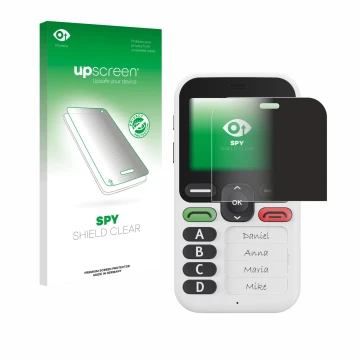 Face avant d’un emballage produit avec le logo de la marque upscreen. À côté, l’appareil Doro Leva X10 est représenté avec la 
