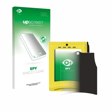 Face avant d’un emballage produit avec le logo de la marque upscreen. À côté, l’appareil Nayax VPOS TOUCH est représenté avec 