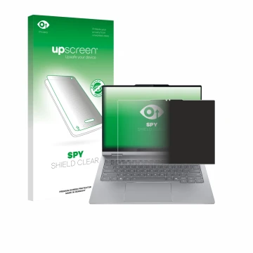 Face avant d’un emballage produit avec le logo de la marque upscreen. À côté, l’appareil Lenovo ThinkBook 14 2-in-1 Gen 5 est 