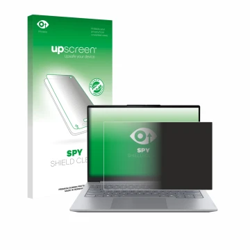 Face avant d’un emballage produit avec le logo de la marque upscreen. À côté, l’appareil Lenovo ThinkBook 14 Gen 8 est représe