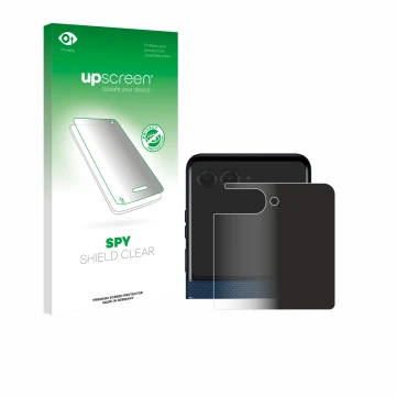 Face avant d’un emballage produit avec le logo de la marque upscreen. À côté, l’appareil Motorola Razr 60 (Affichage arrière) 