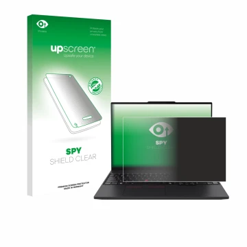 Face avant d’un emballage produit avec le logo de la marque upscreen. À côté, l’appareil Lenovo ThinkPad P16s Gen 4 est représ