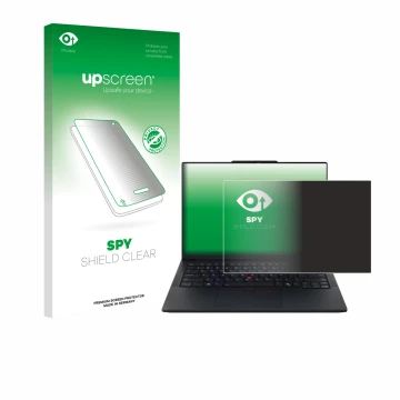 Face avant d’un emballage produit avec le logo de la marque upscreen. À côté, l’appareil Lenovo ThinkPad E14 Gen 7 est représe