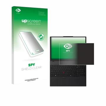 Face avant d’un emballage produit avec le logo de la marque upscreen. À côté, l’appareil Lenovo ThinkPad T16 Gen 4 est représe