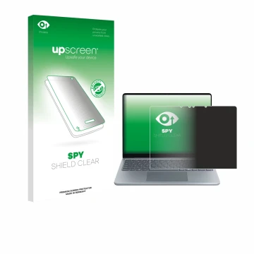 Face avant d’un emballage produit avec le logo de la marque upscreen. À côté, l’appareil Microsoft Surface Laptop 13