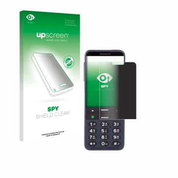 Face avant d’un emballage produit avec le logo de la marque upscreen. À côté, l’appareil BlindShell Classic 3 est représenté a