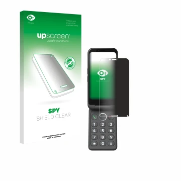 Face avant d’un emballage produit avec le logo de la marque upscreen. À côté, l’appareil Doro Aurora A20 est représenté avec l