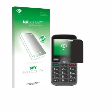 Face avant d’un emballage produit avec le logo de la marque upscreen. À côté, l’appareil Doro 1380 est représenté avec la prot