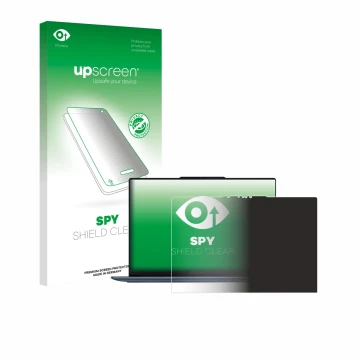 Face avant d’un emballage produit avec le logo de la marque upscreen. À côté, l’appareil Lenovo Yoga Slim 7 14Q8X9 est représe