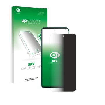 Face avant d’un emballage produit avec le logo de la marque upscreen. À côté, l’appareil Fairphone 6 est représenté avec la pr