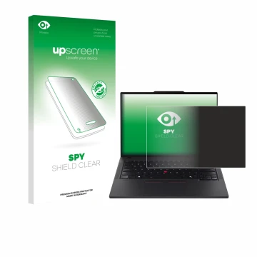 Face avant d’un emballage produit avec le logo de la marque upscreen. À côté, l’appareil Lenovo ThinkPad T14 Gen 6 est représe