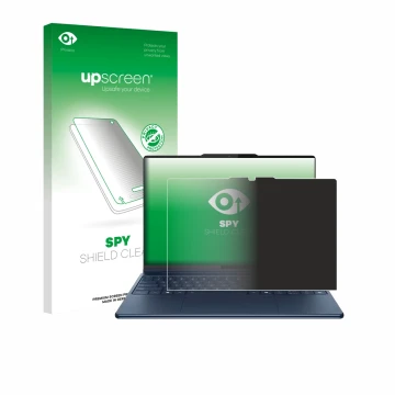Face avant d’un emballage produit avec le logo de la marque upscreen. À côté, l’appareil Lenovo Yoga Pro 9i Gen 10 Aura Editio