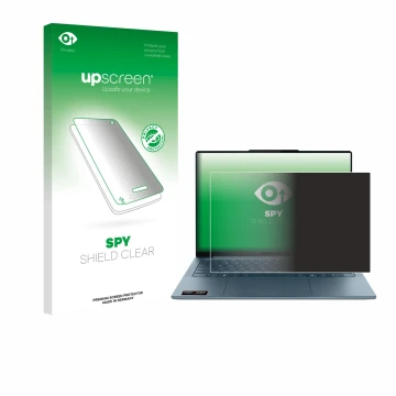 Face avant d’un emballage produit avec le logo de la marque upscreen. À côté, l’appareil Lenovo Yoga Slim 7 Gen 10 14
