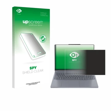 Face avant d’un emballage produit avec le logo de la marque upscreen. À côté, l’appareil Lenovo ThinkBook 16p Gen 6 est représ