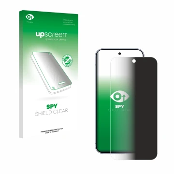 Face avant d’un emballage produit avec le logo de la marque upscreen. À côté, l’appareil Google Pixel 10 Pro XL est représenté