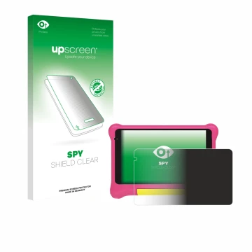 Face avant d’un emballage produit avec le logo de la marque upscreen. À côté, l’appareil Happybe Kids Tablet 7